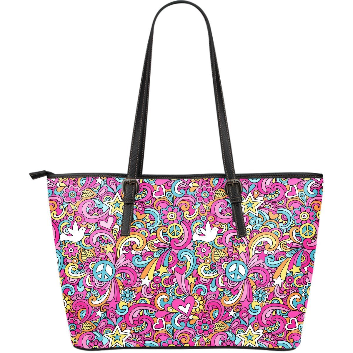 Psychedelic Pattern Print Leather Tote Bag-grizzshop