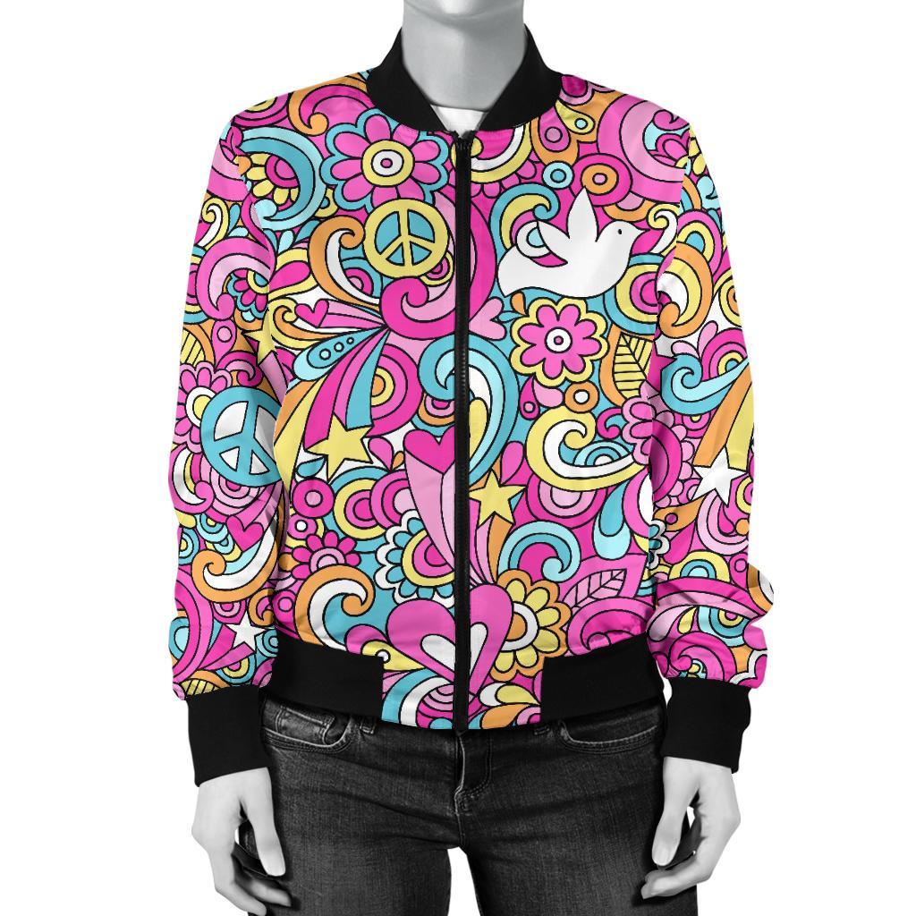 Psychedelic Pattern Print Women Casual Bomber Jacket-grizzshop