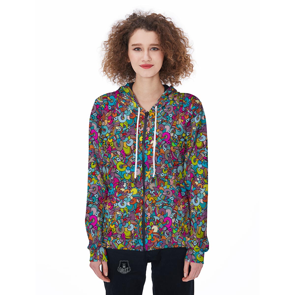 Psychedelic Print Women's Zip Up Hoodie-grizzshop