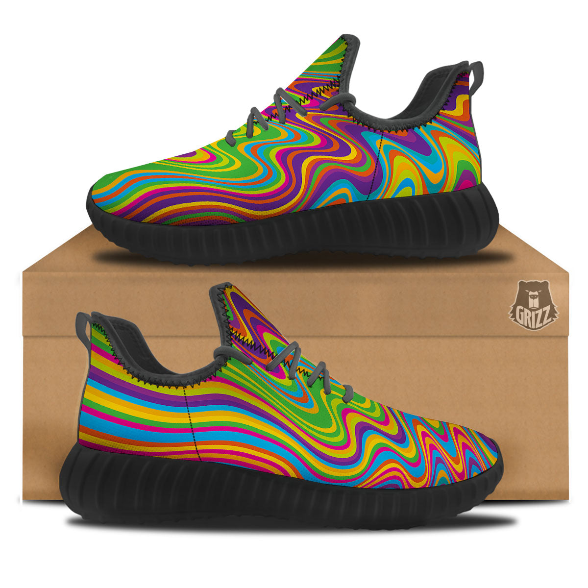 Psychedelic Rainbow Print Pattern Black Walking Shoes-grizzshop