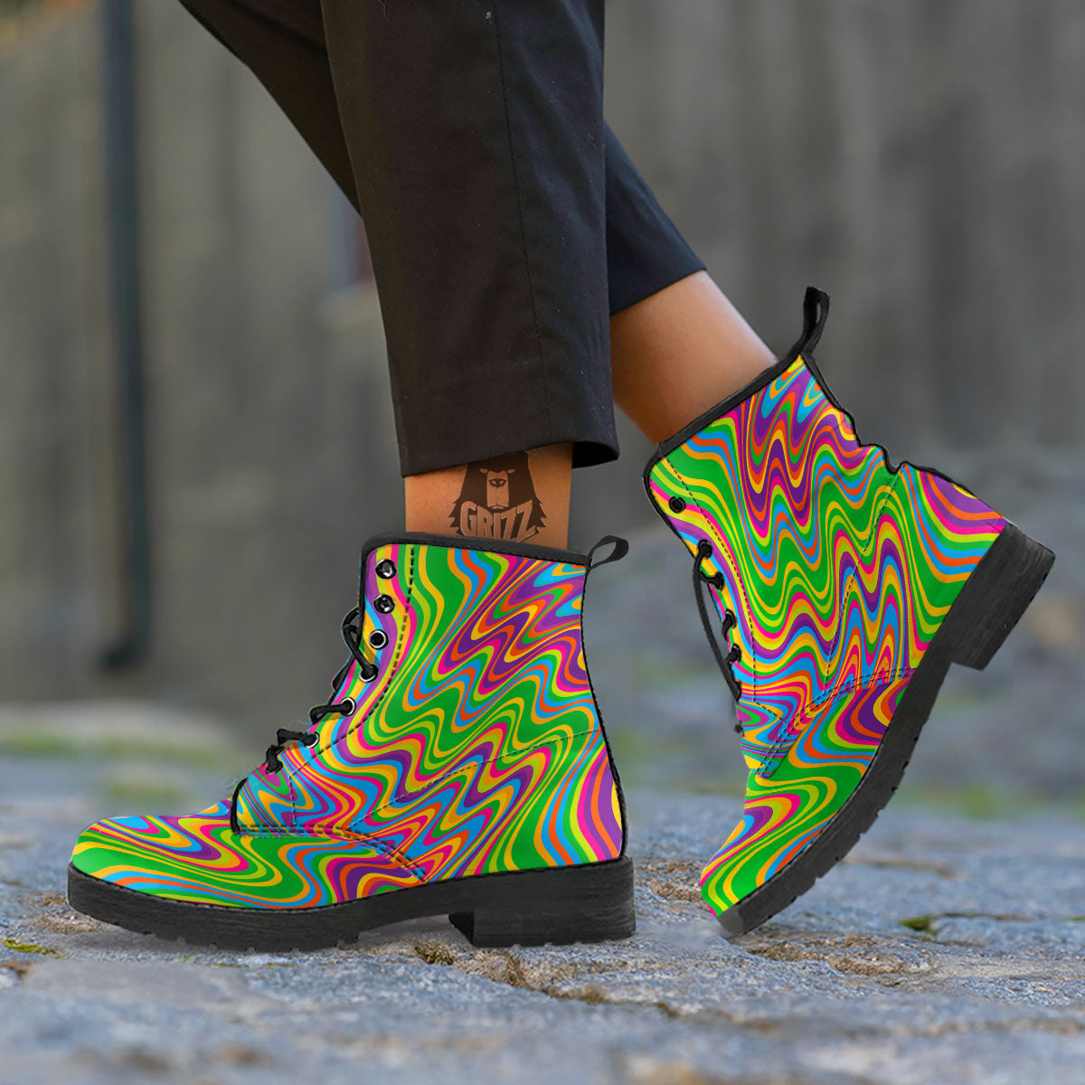 Psychedelic Rainbow Print Pattern Leather Boots-grizzshop