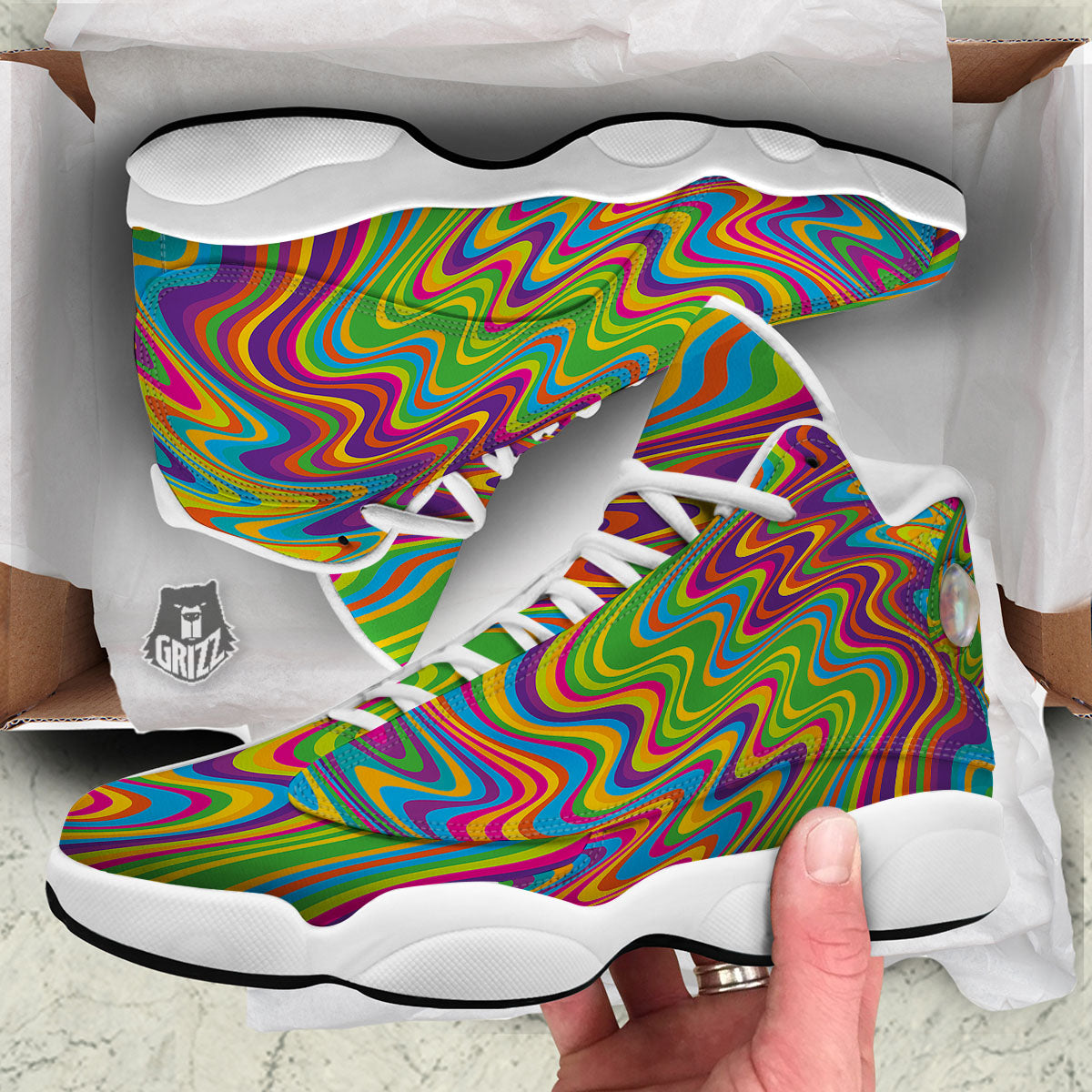 Psychedelic Rainbow Print Pattern White Basketball Shoes-grizzshop