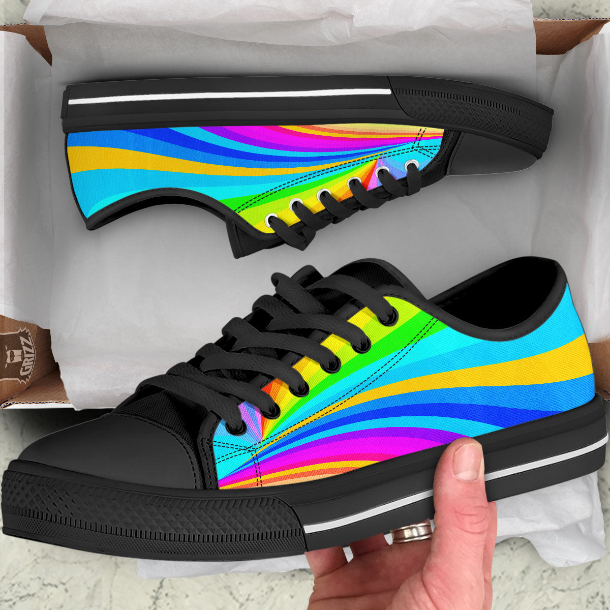 Psychedelic Rainbow Torus Print Black Low Top Shoes-grizzshop