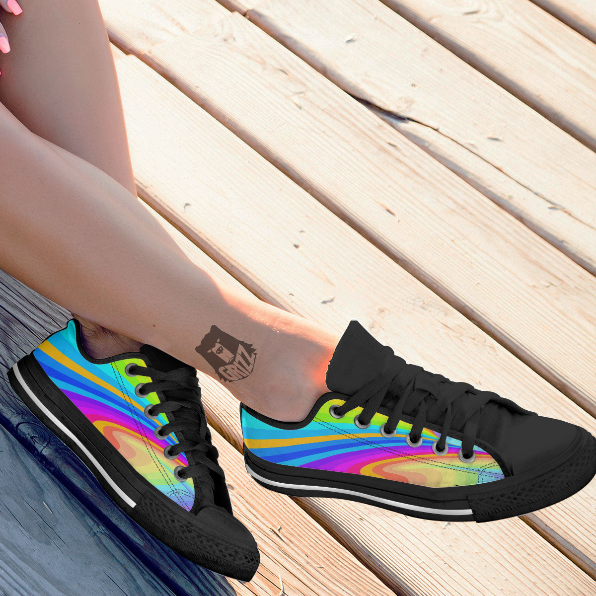 Psychedelic Rainbow Torus Print Black Low Top Shoes-grizzshop