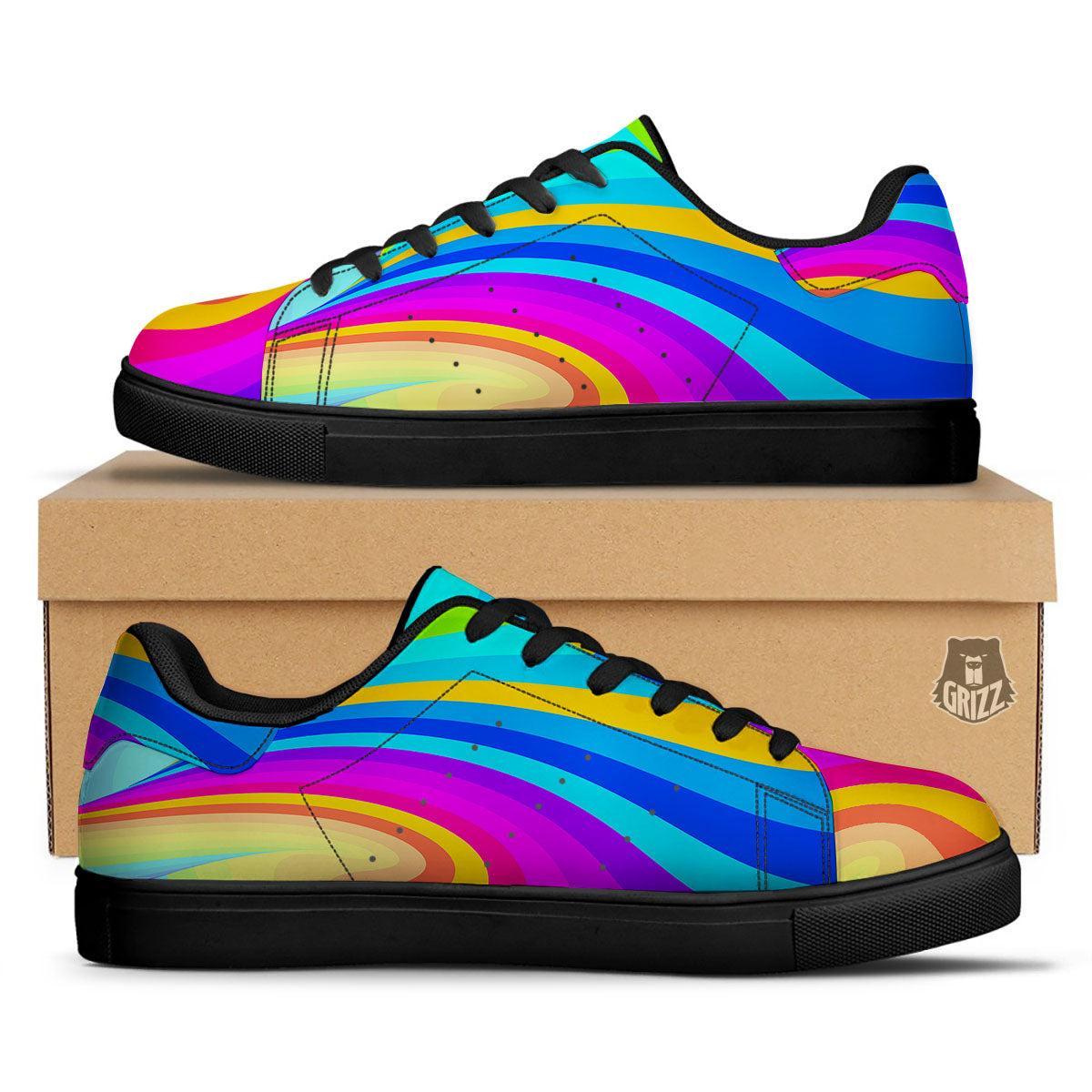 Psychedelic Rainbow Torus Print Black Low Top Sneakers-grizzshop