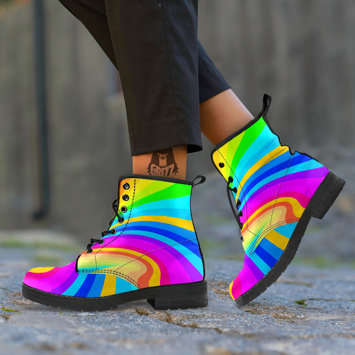 Psychedelic Rainbow Torus Print Leather Boots-grizzshop