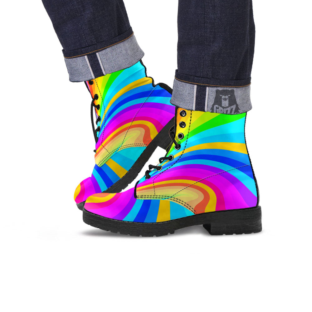 Psychedelic Rainbow Torus Print Leather Boots-grizzshop