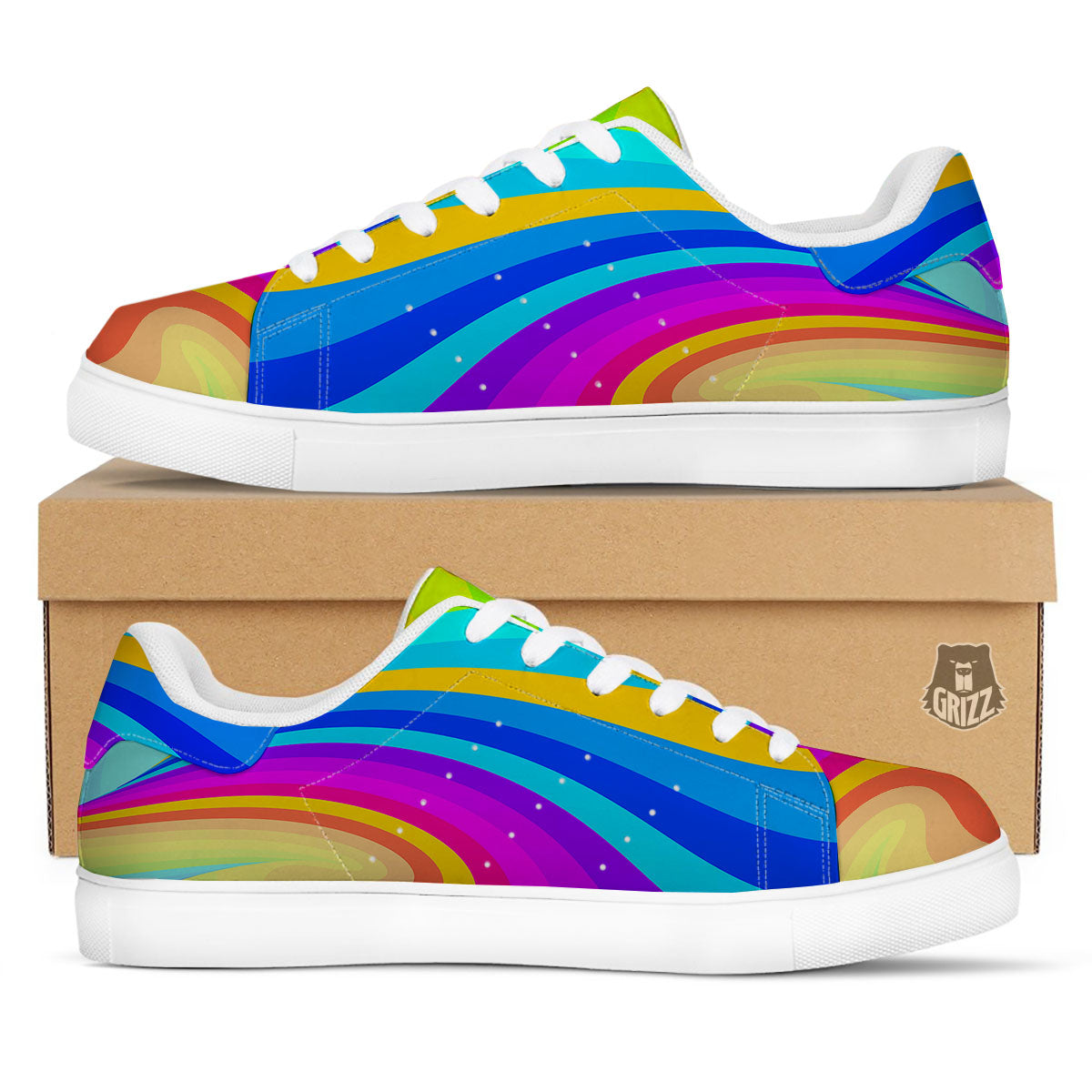 Psychedelic Rainbow Torus Print White Low Top Sneakers-grizzshop
