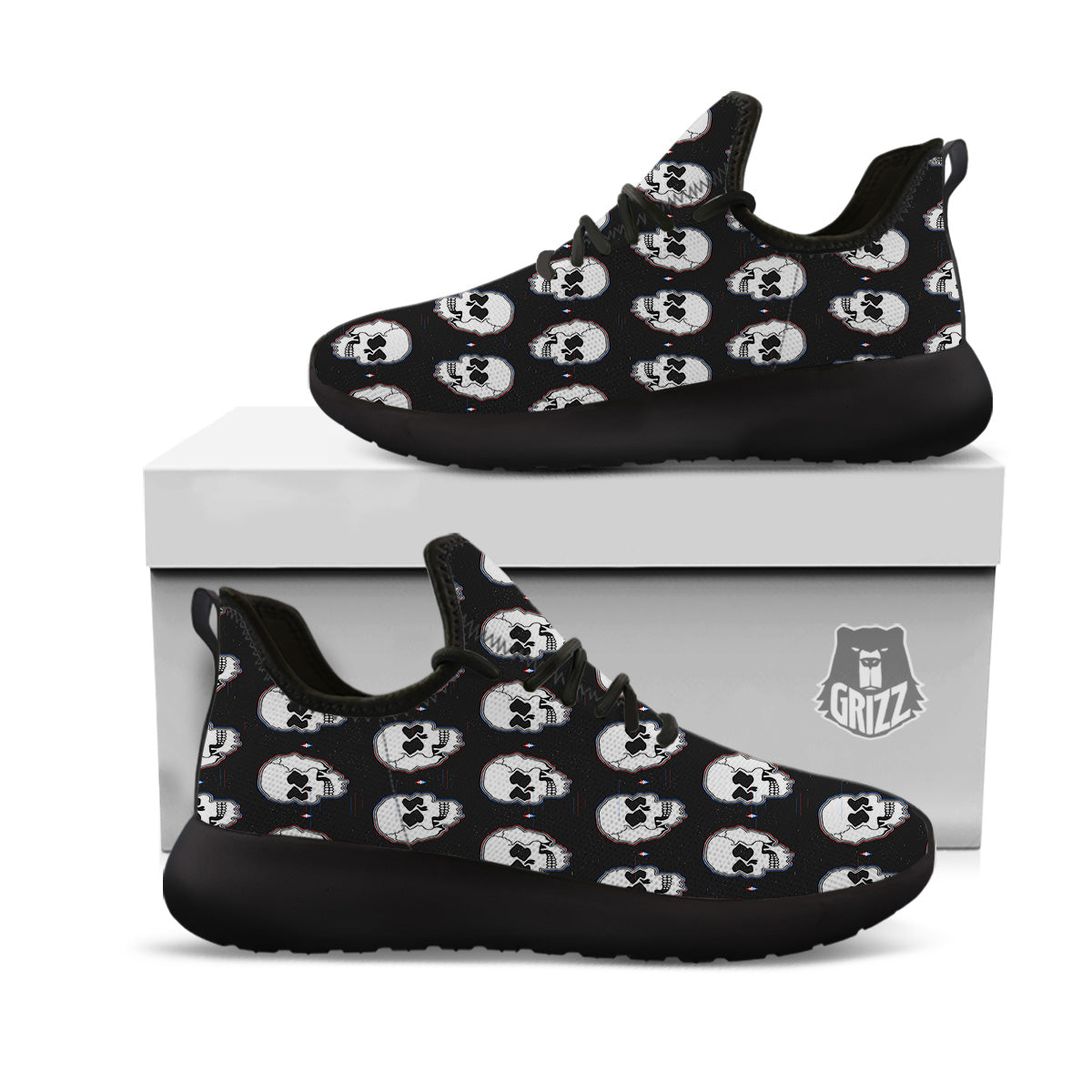 Psychedelic Skull Glitch Print Pattern Black Athletic Shoes-grizzshop