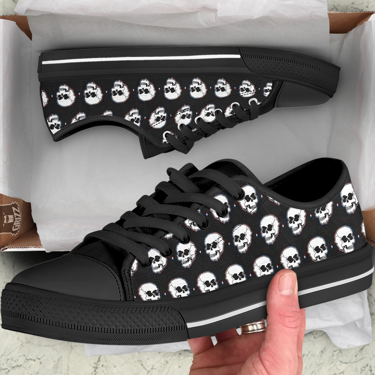 Psychedelic Skull Glitch Print Pattern Black Low Top Shoes-grizzshop