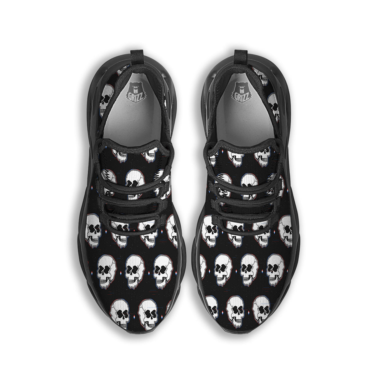 Psychedelic Skull Glitch Print Pattern Black Running Shoes-grizzshop