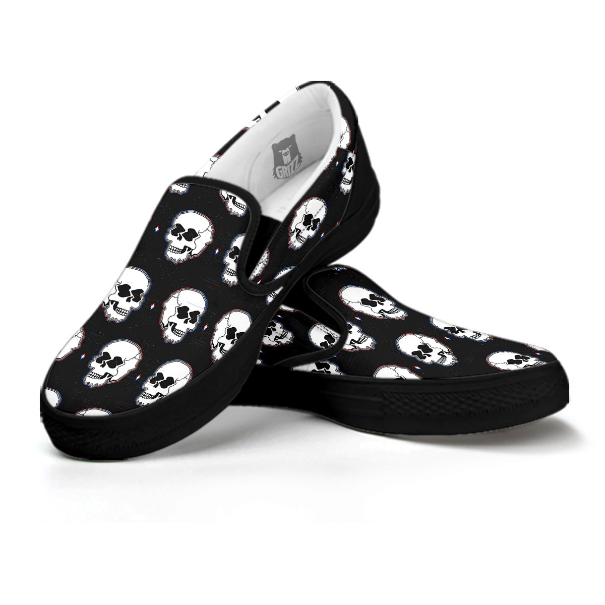 Psychedelic Skull Glitch Print Pattern Black Slip On Shoes-grizzshop