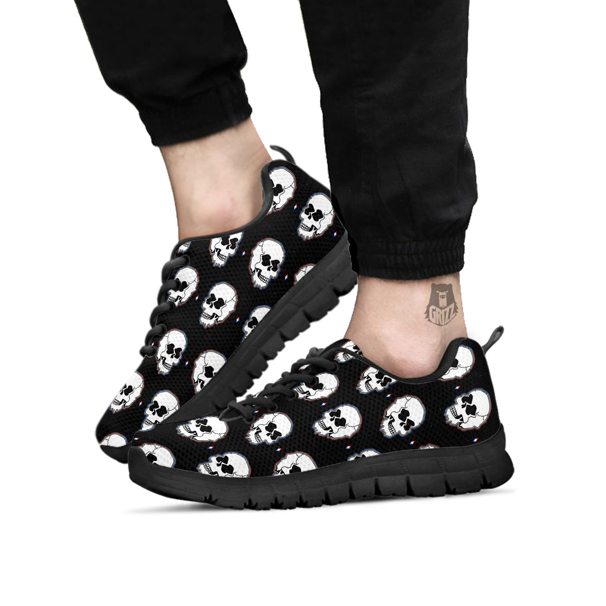 Psychedelic Skull Glitch Print Pattern Black Sneaker-grizzshop