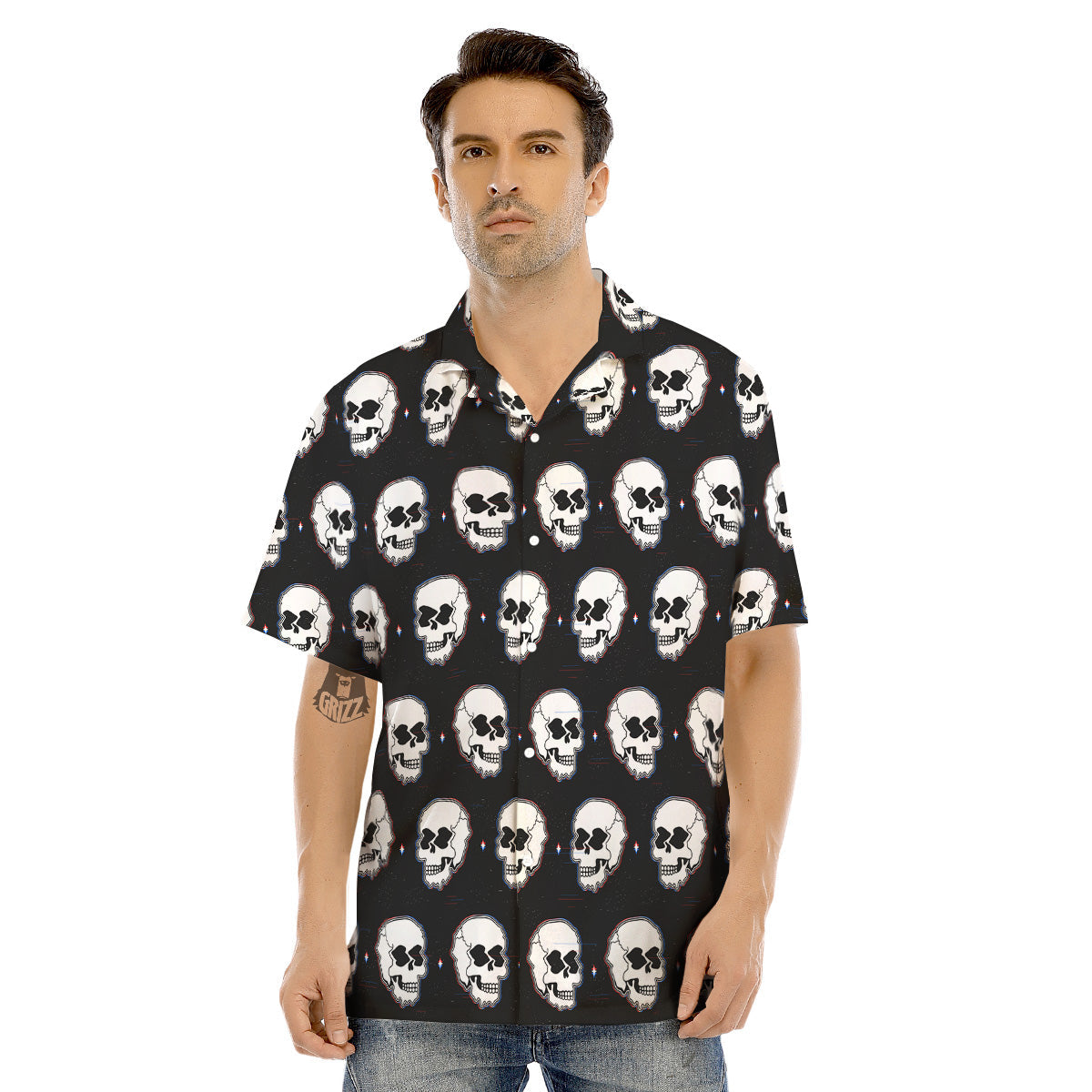 Psychedelic Skull Glitch Print Pattern Men's Hawaiian Shirt-grizzshop