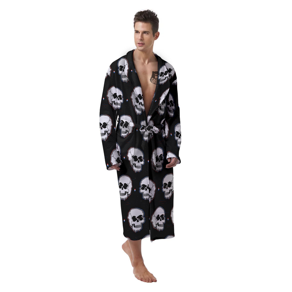 Psychedelic Skull Glitch Print Pattern Men's Robe-grizzshop