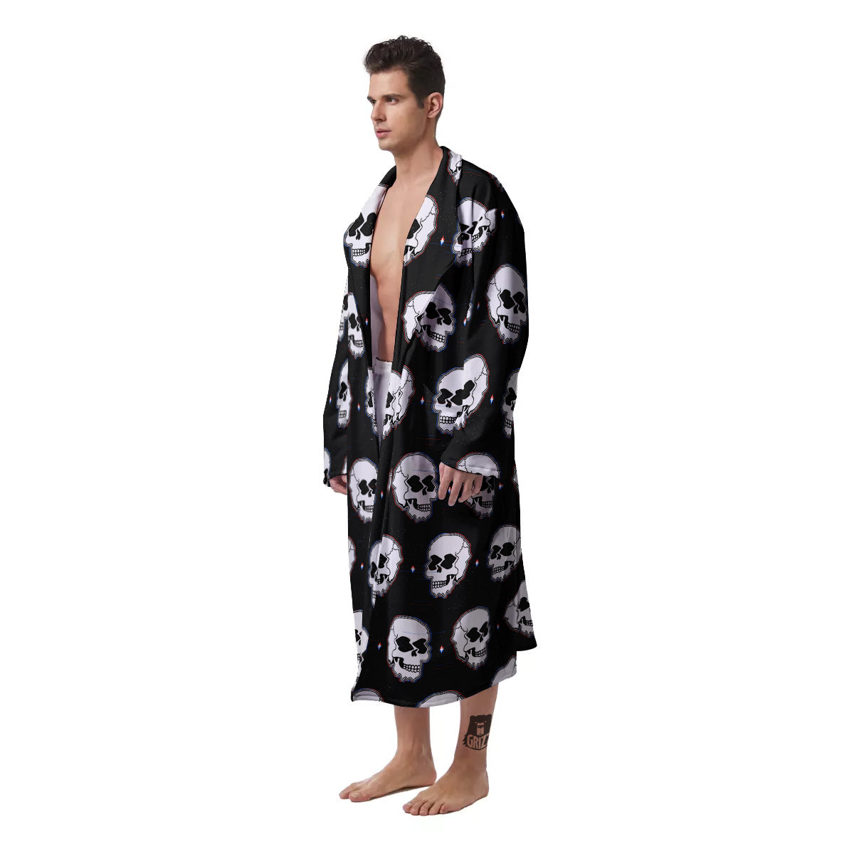 Psychedelic Skull Glitch Print Pattern Men's Robe-grizzshop