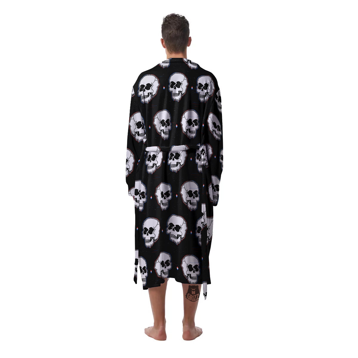 Psychedelic Skull Glitch Print Pattern Men's Robe-grizzshop