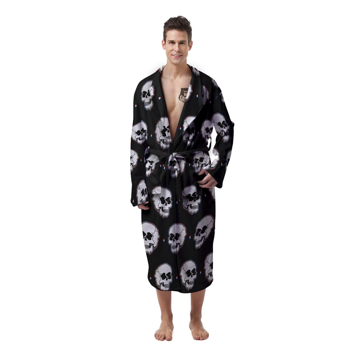 Psychedelic Skull Glitch Print Pattern Men's Robe-grizzshop