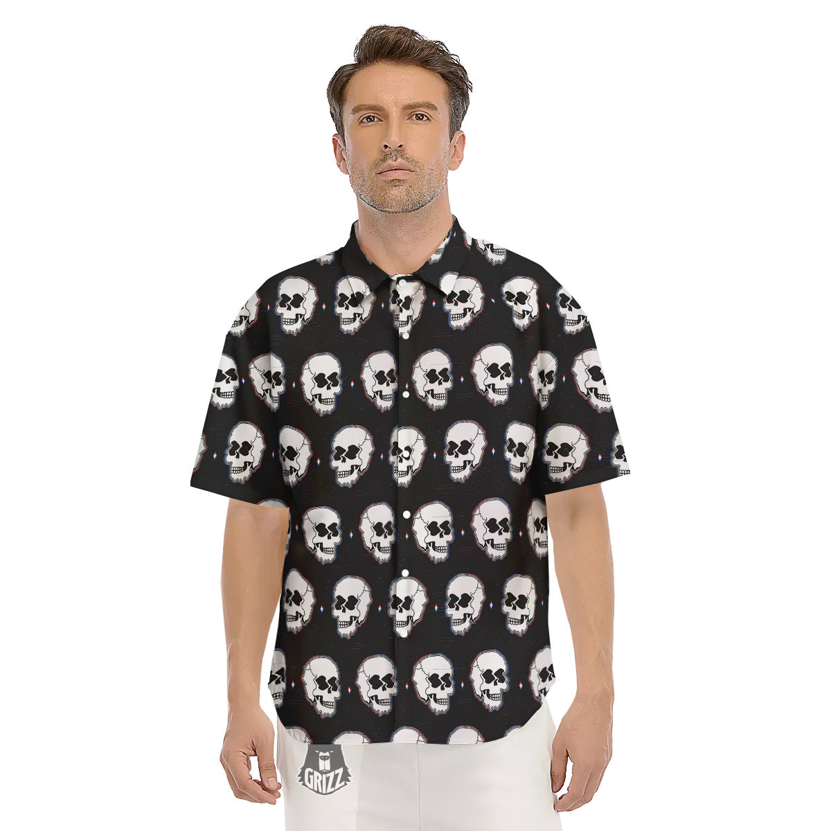 Psychedelic Skull Glitch Print Pattern Men's Short Sleeve Shirts-grizzshop