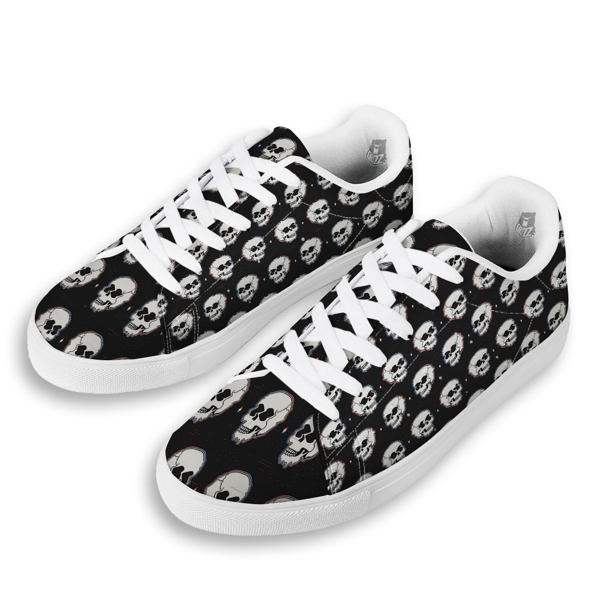 Psychedelic Skull Glitch Print Pattern White Low Top Sneakers-grizzshop