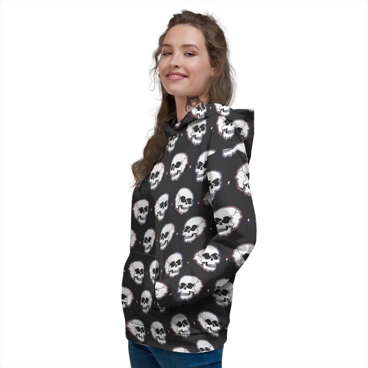 Psychedelic Skull Glitch Print Pattern Women's Hoodie-grizzshop