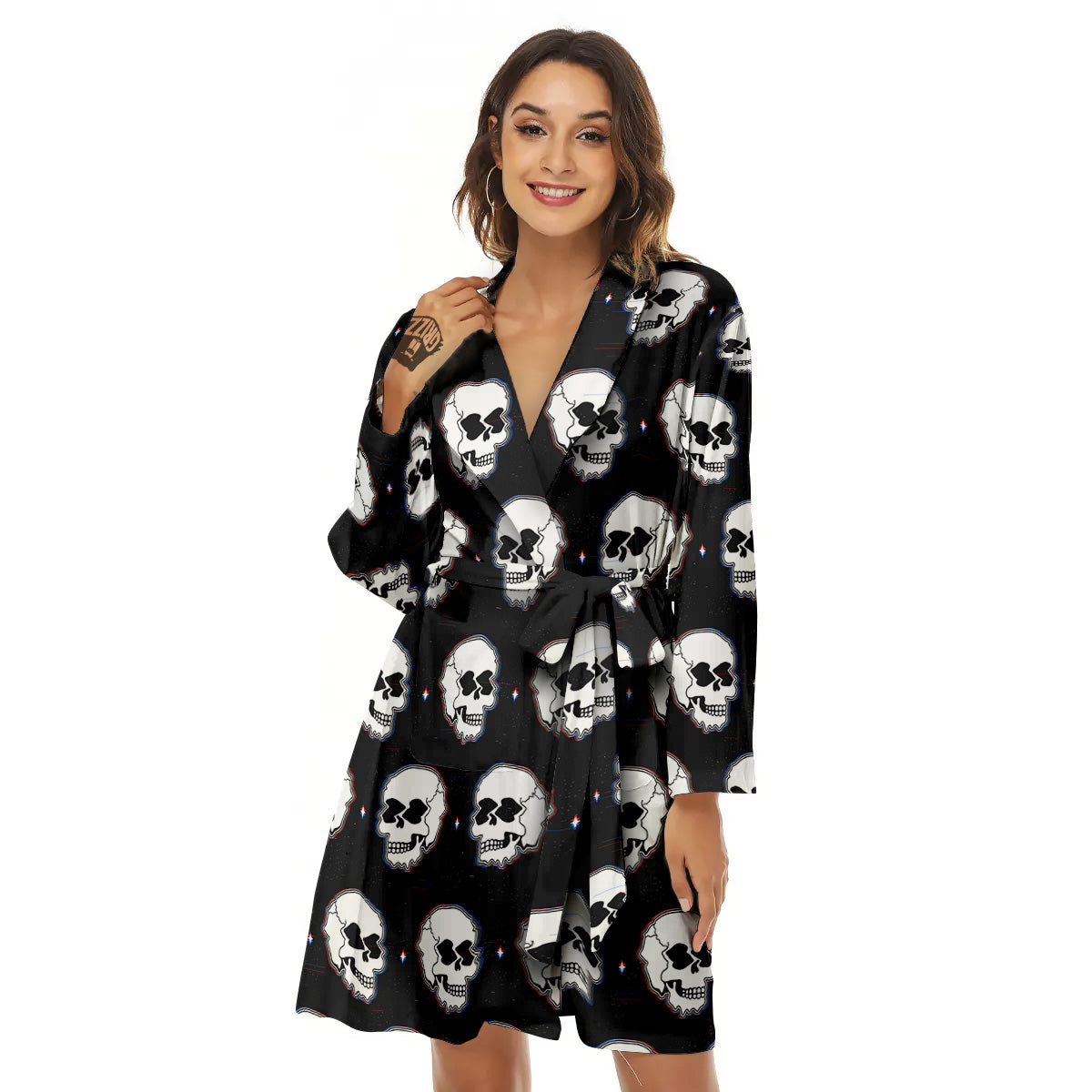 Psychedelic Skull Glitch Print Pattern Women's Robe-grizzshop