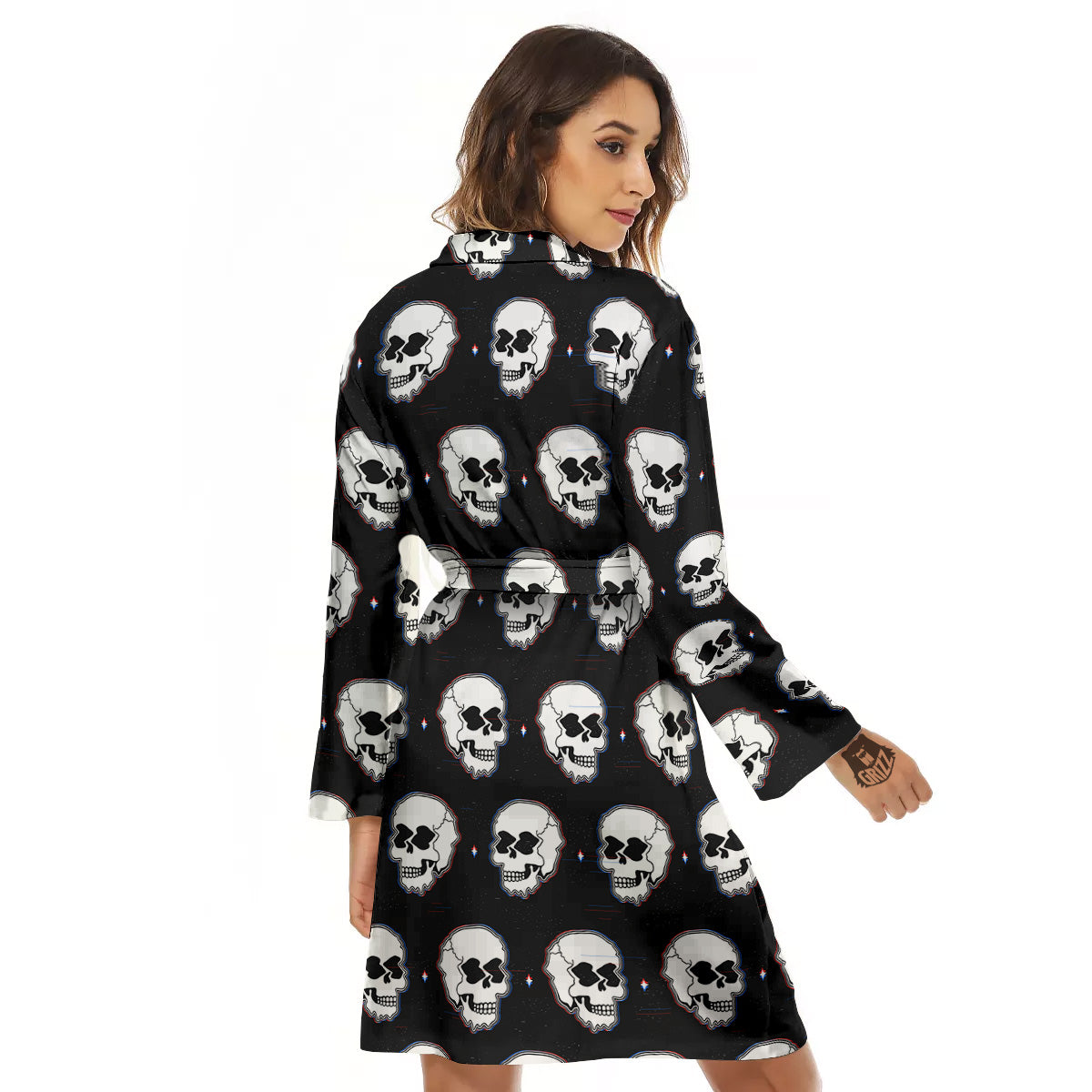 Psychedelic Skull Glitch Print Pattern Women's Robe-grizzshop