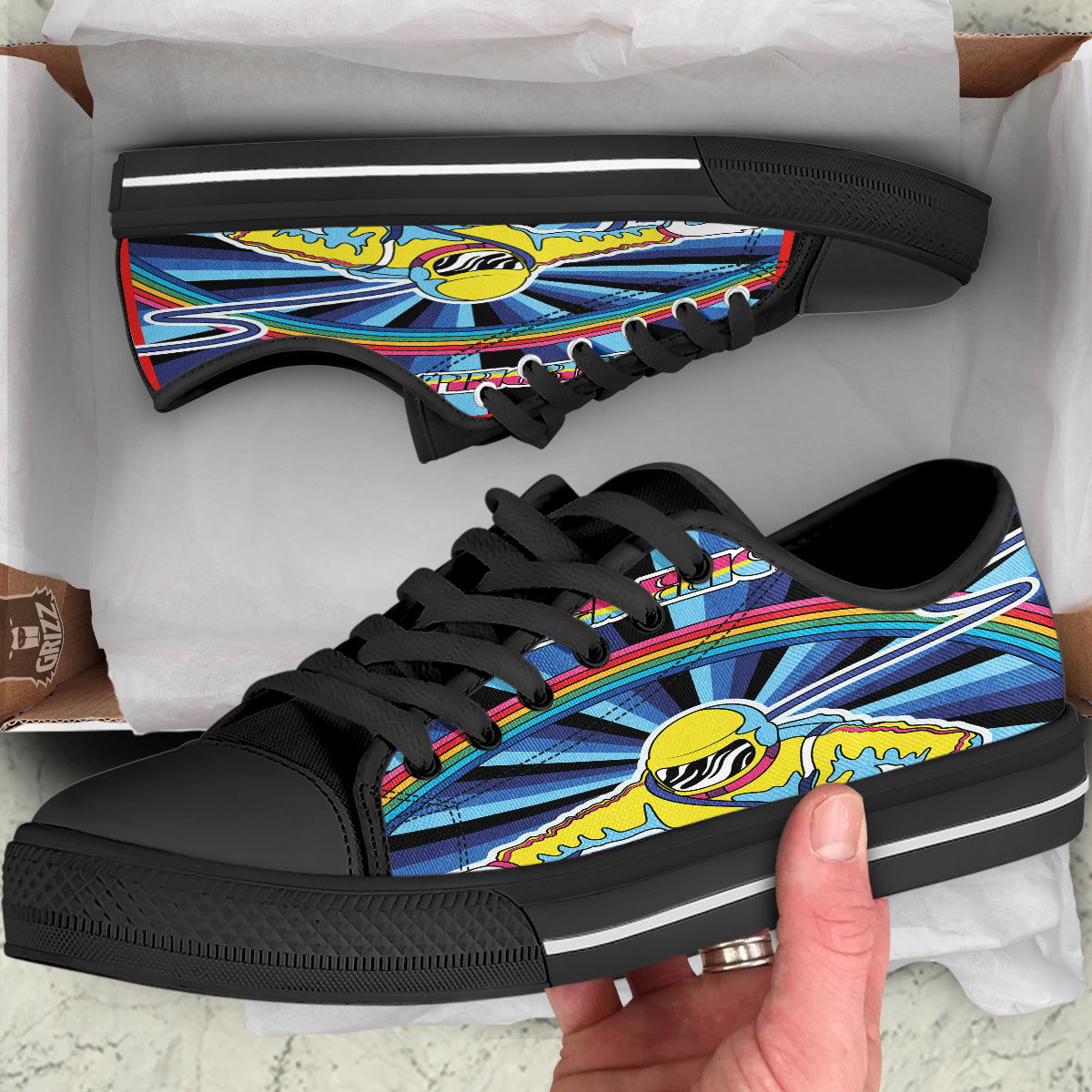 Psychedelic Space And Astronaut Print Black Low Top Shoes-grizzshop