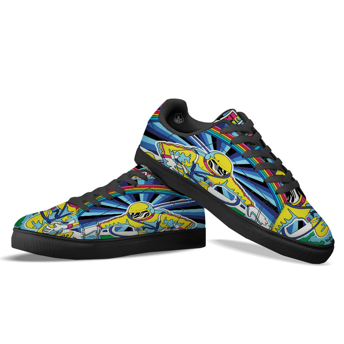 Psychedelic Space And Astronaut Print Black Low Top Sneakers-grizzshop