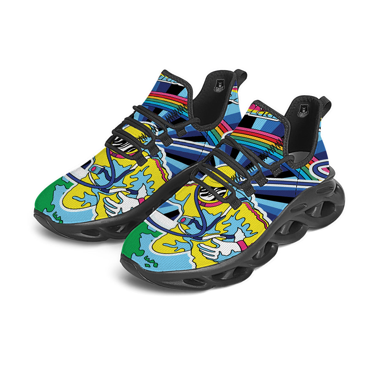 Psychedelic Space And Astronaut Print Black Running Shoes-grizzshop