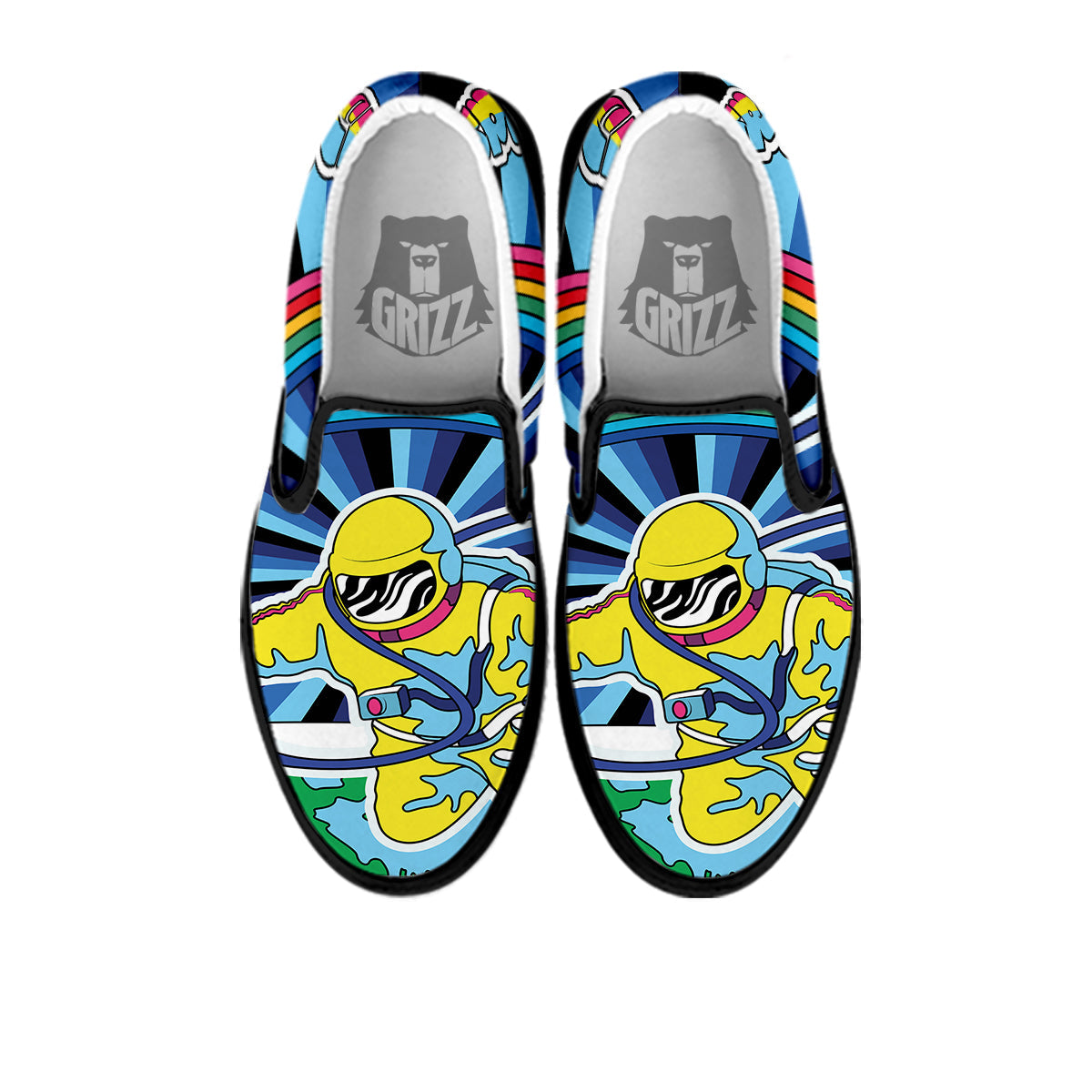 Psychedelic Space And Astronaut Print Black Slip On Shoes-grizzshop