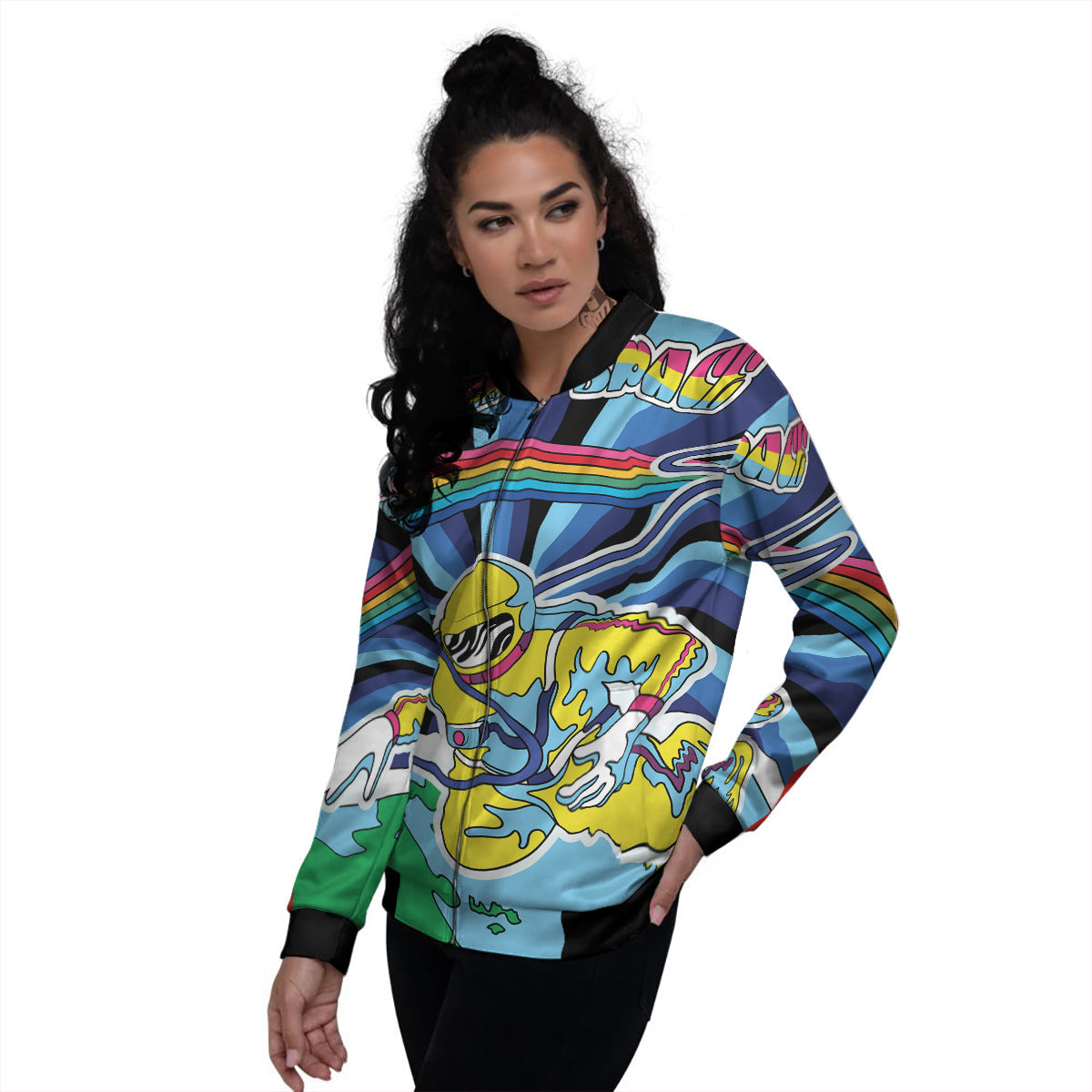Psychedelic Space And Astronaut Print Women's Bomber Jacket-grizzshop