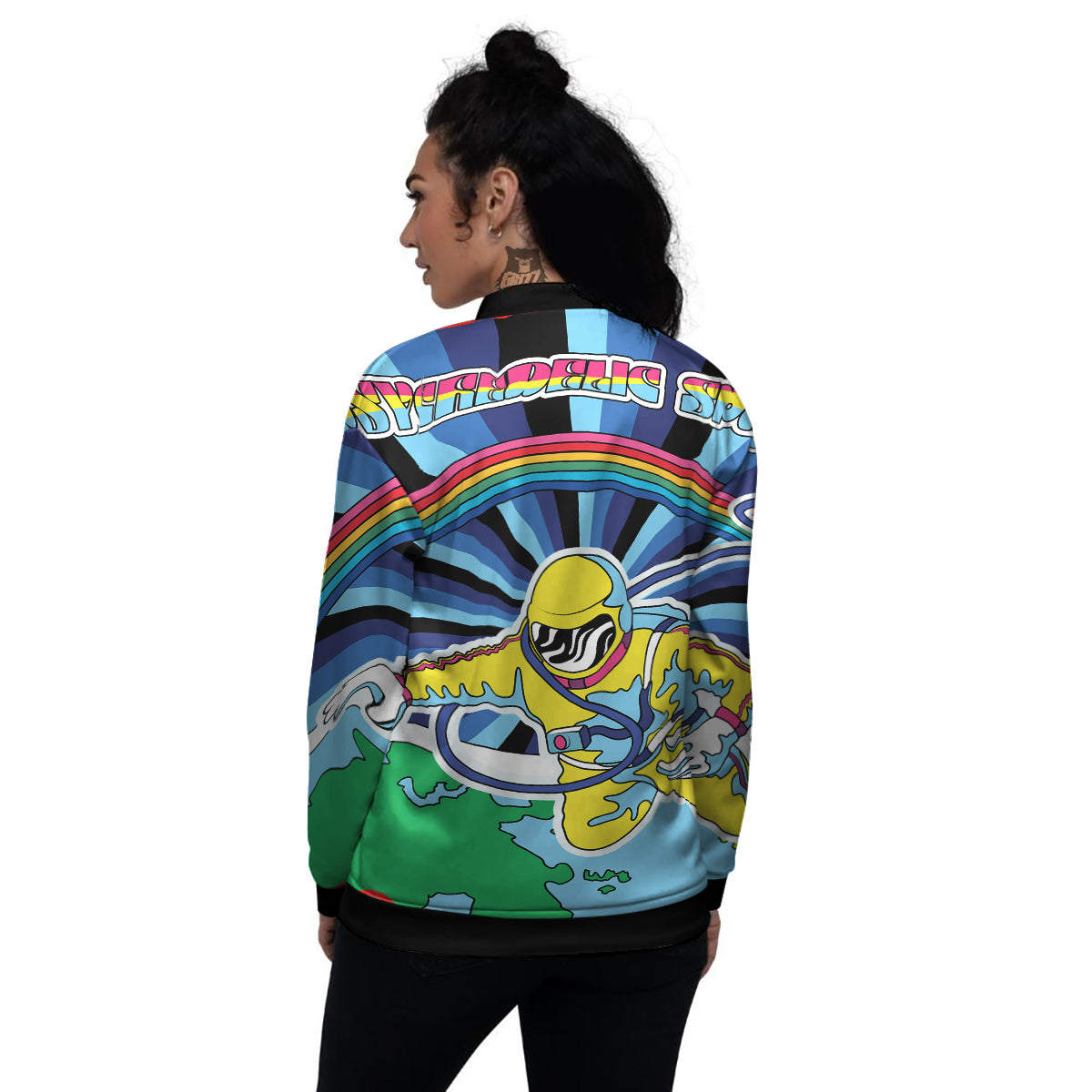 Psychedelic Space And Astronaut Print Women's Bomber Jacket-grizzshop