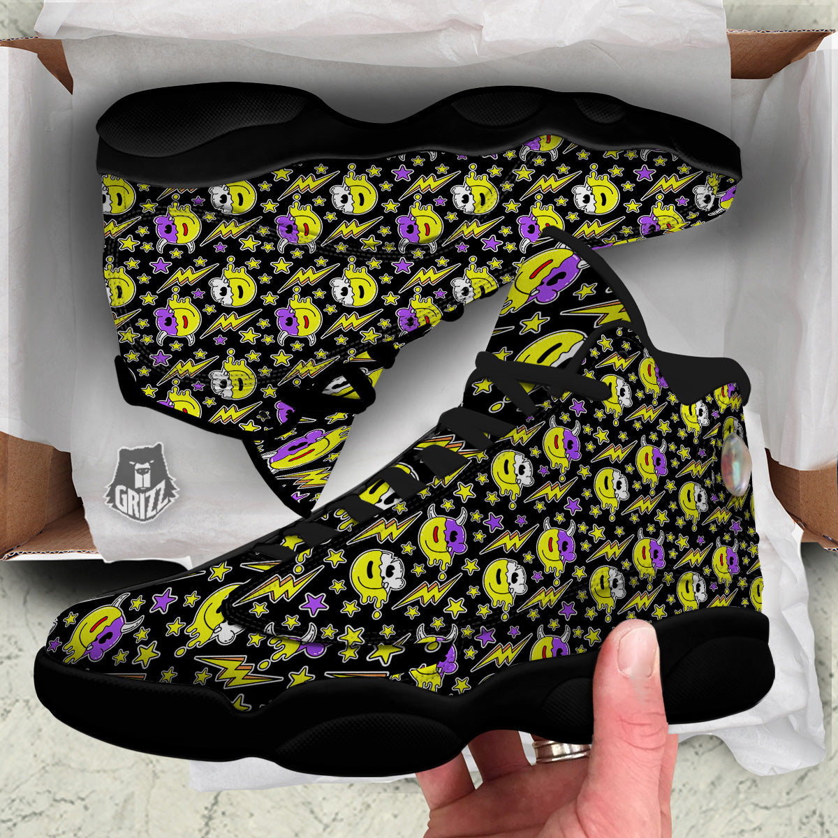 Psychedelic Trippy Acid Emoji Print Pattern Black Basketball Shoes-grizzshop