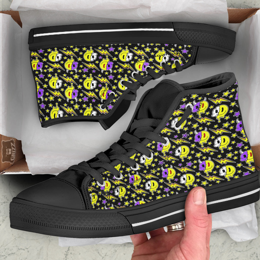 Psychedelic Trippy Acid Emoji Print Pattern Black High Top Shoes-grizzshop