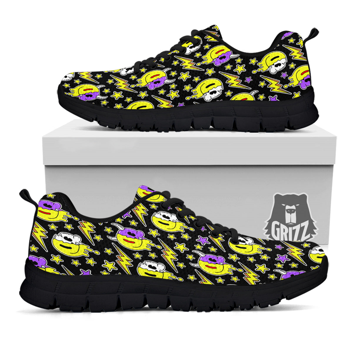 Psychedelic Trippy Acid Emoji Print Pattern Black Sneaker-grizzshop