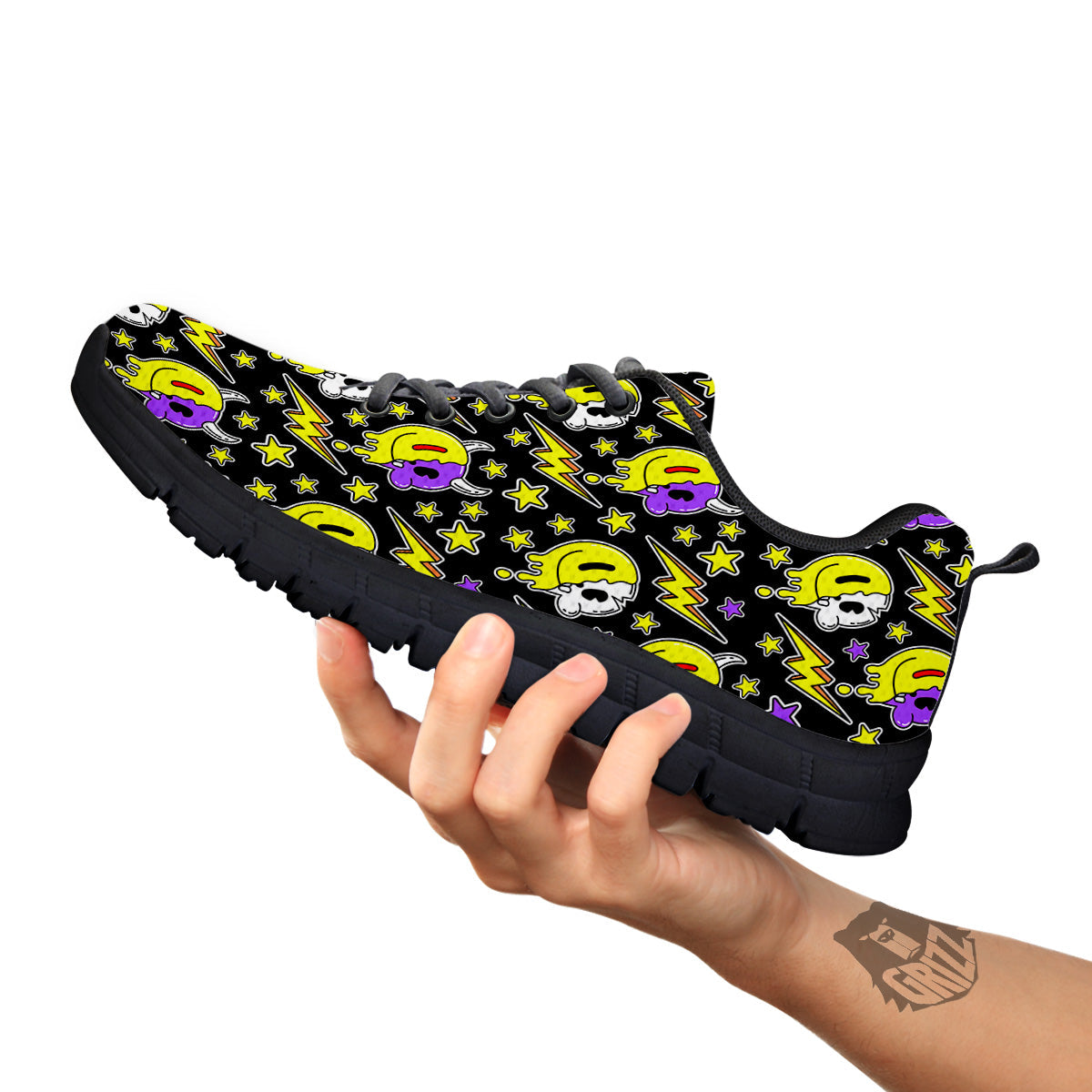 Psychedelic Trippy Acid Emoji Print Pattern Black Sneaker-grizzshop