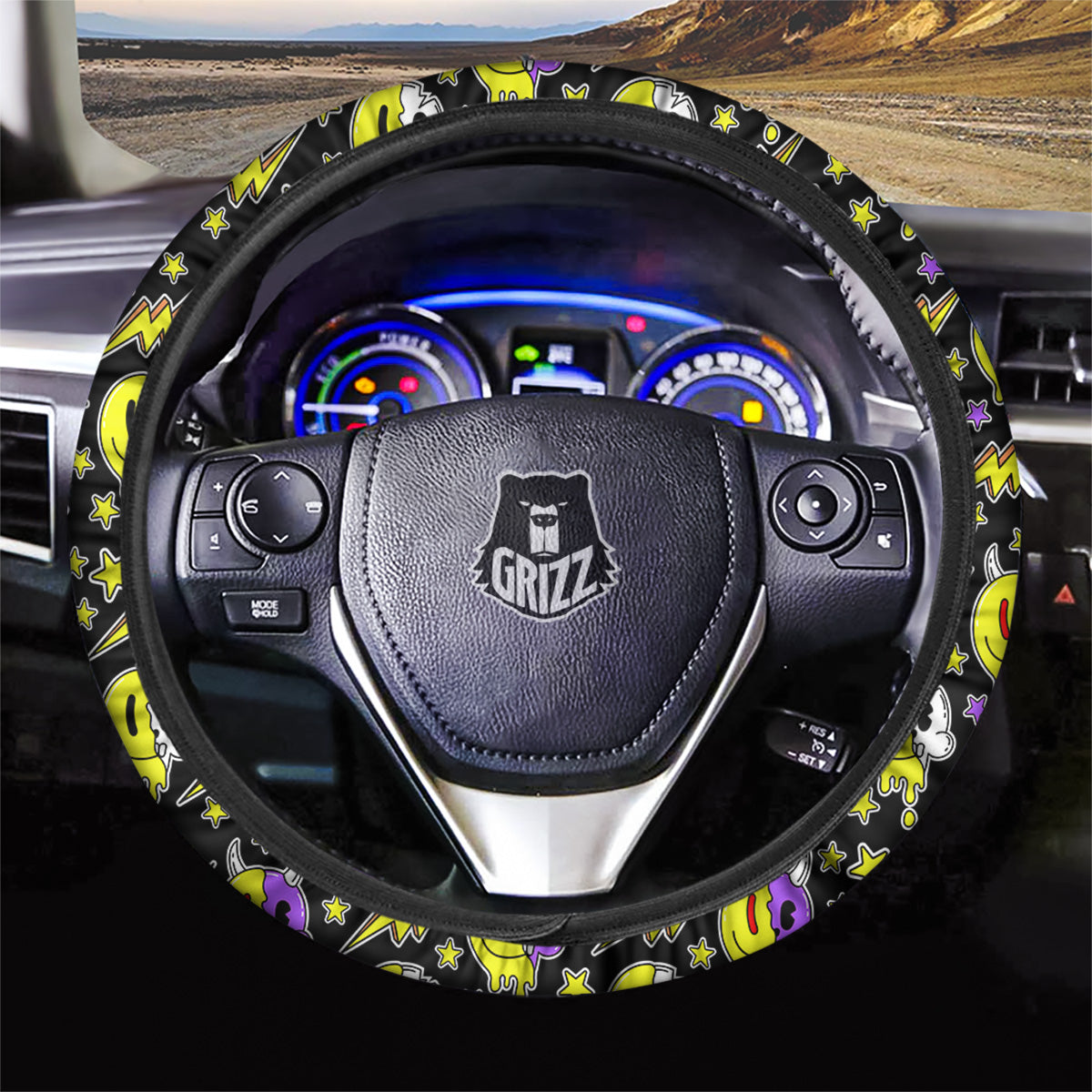 Psychedelic Trippy Acid Emoji Print Pattern Car Steering Wheel Cover-grizzshop