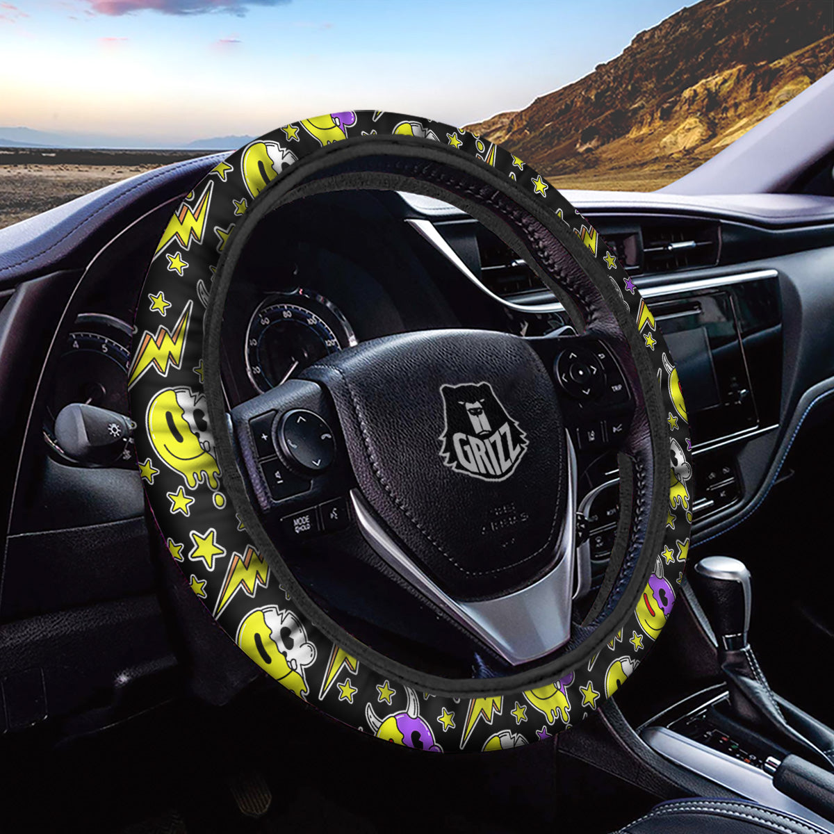 Psychedelic Trippy Acid Emoji Print Pattern Car Steering Wheel Cover-grizzshop