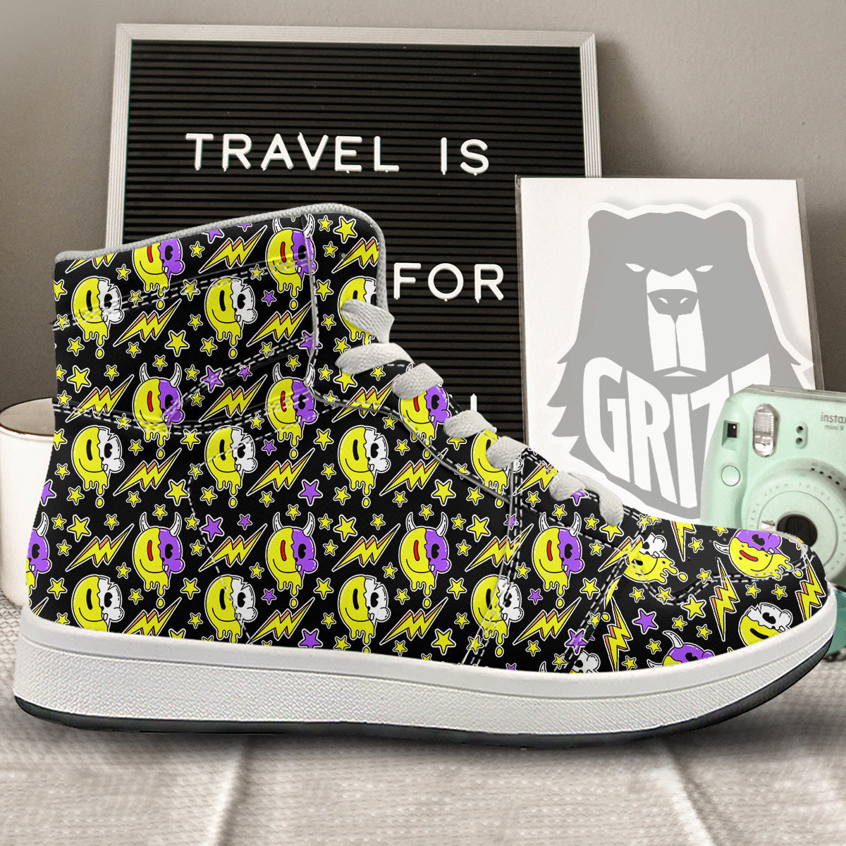 Psychedelic Trippy Acid Emoji Print Pattern High Top Sneakers-grizzshop