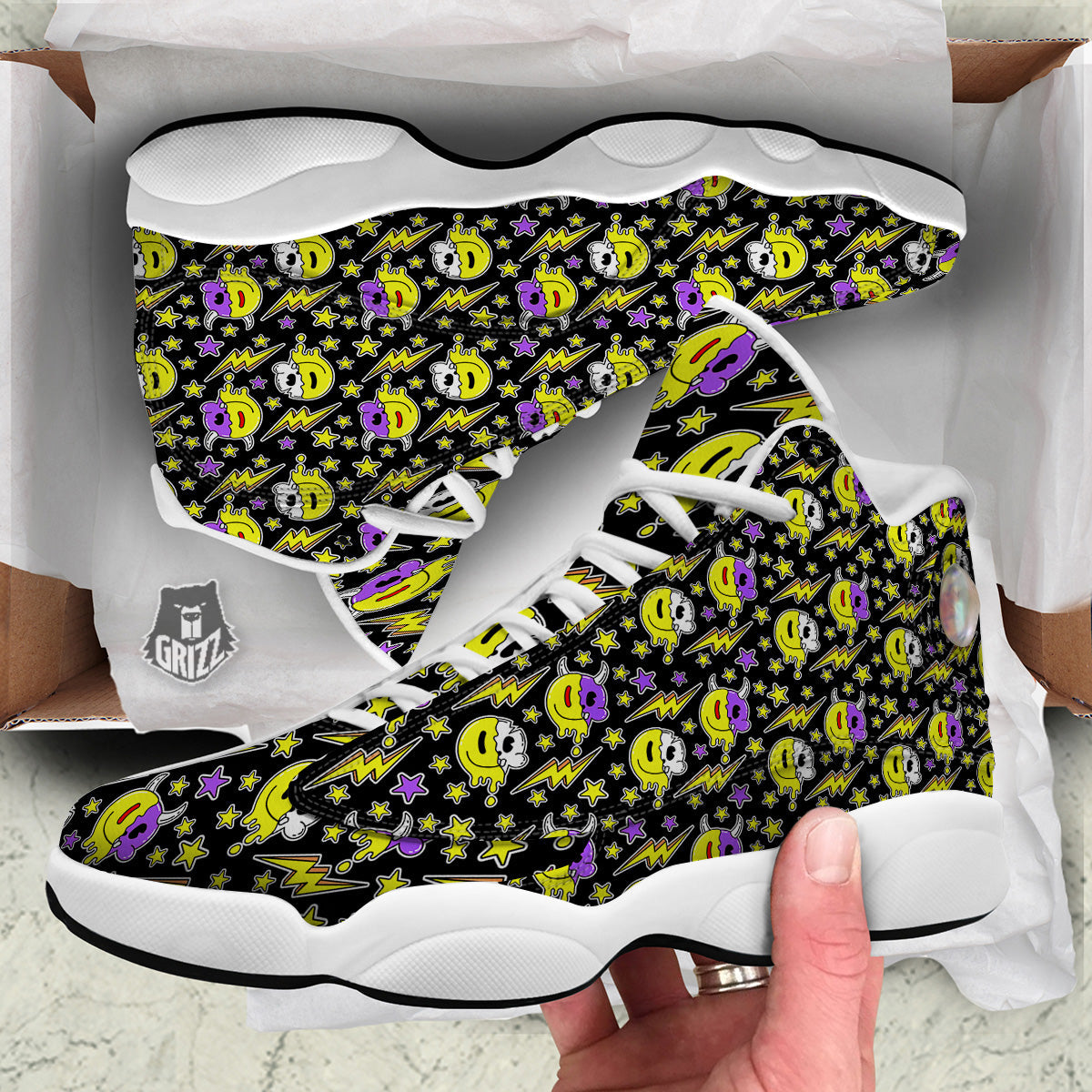 Psychedelic Trippy Acid Emoji Print Pattern White Basketball Shoes-grizzshop