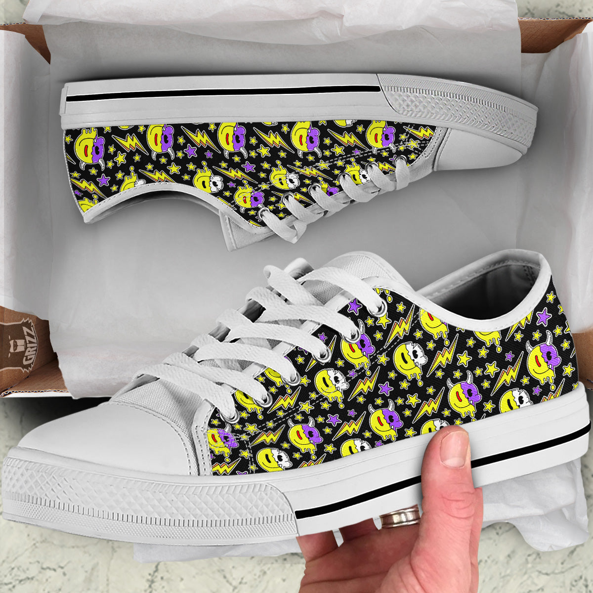 Psychedelic Trippy Acid Emoji Print Pattern White Low Top Shoes-grizzshop