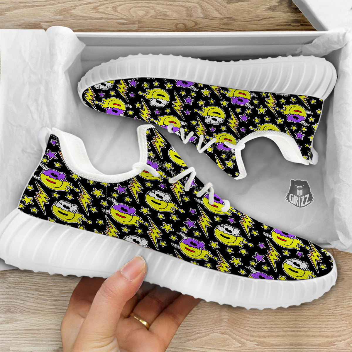 Psychedelic Trippy Acid Emoji Print Pattern White Walking Shoes-grizzshop