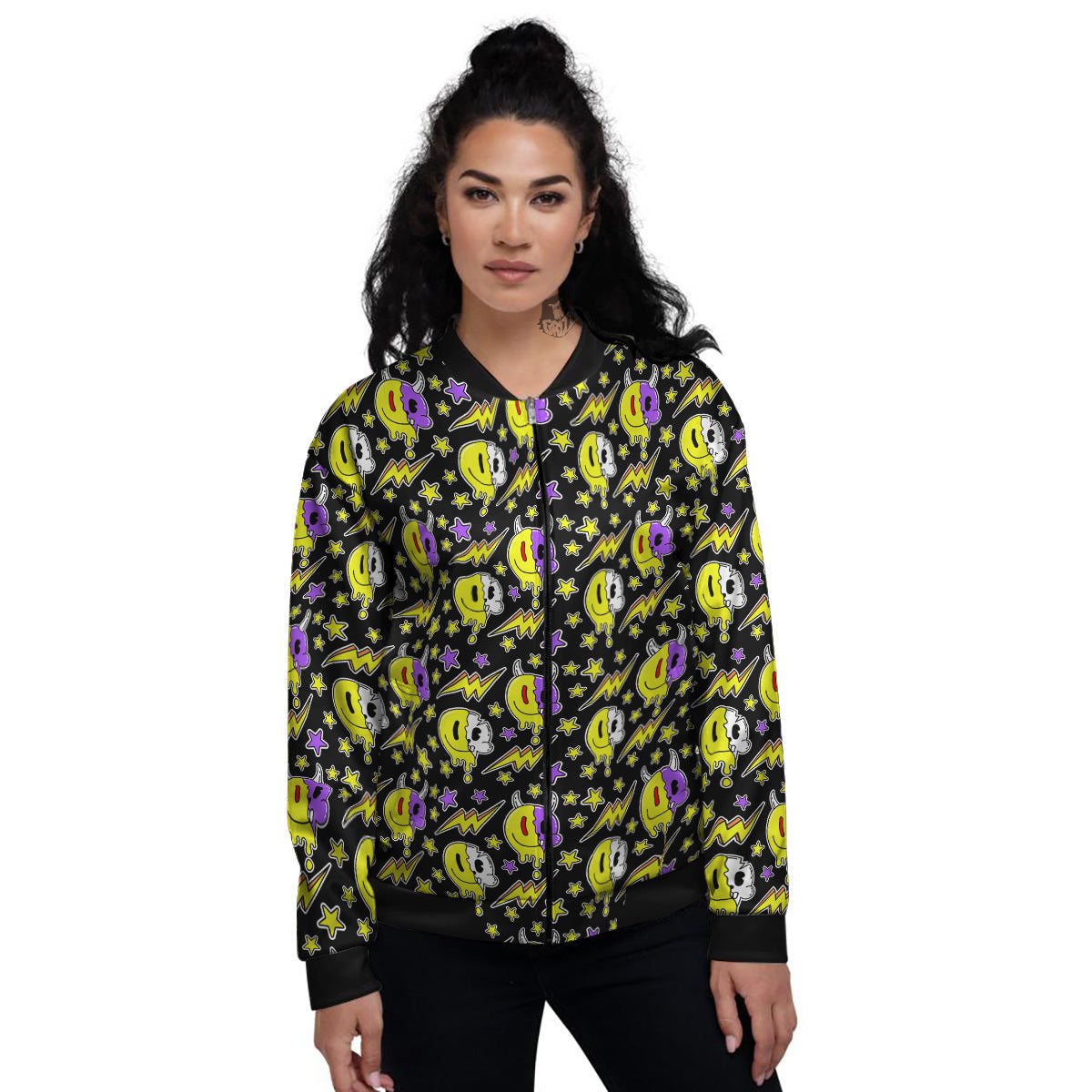 Psychedelic Trippy Acid Emoji Print Pattern Women's Bomber Jacket-grizzshop