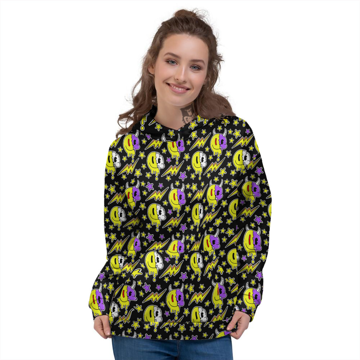 Psychedelic Trippy Acid Emoji Print Pattern Women's Hoodie-grizzshop