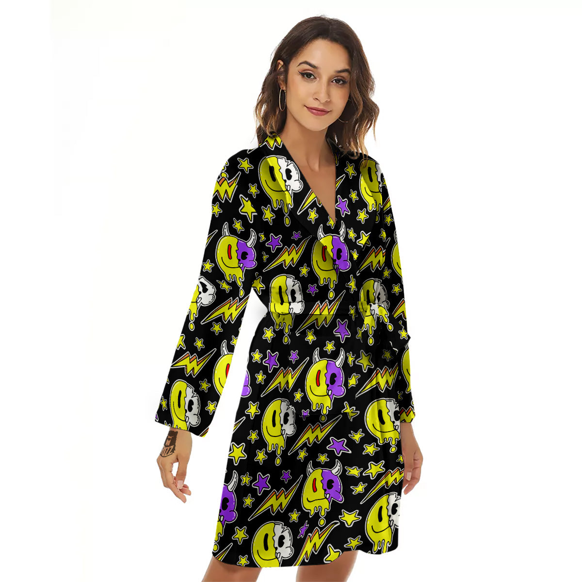 Psychedelic Trippy Acid Emoji Print Pattern Women's Robe-grizzshop
