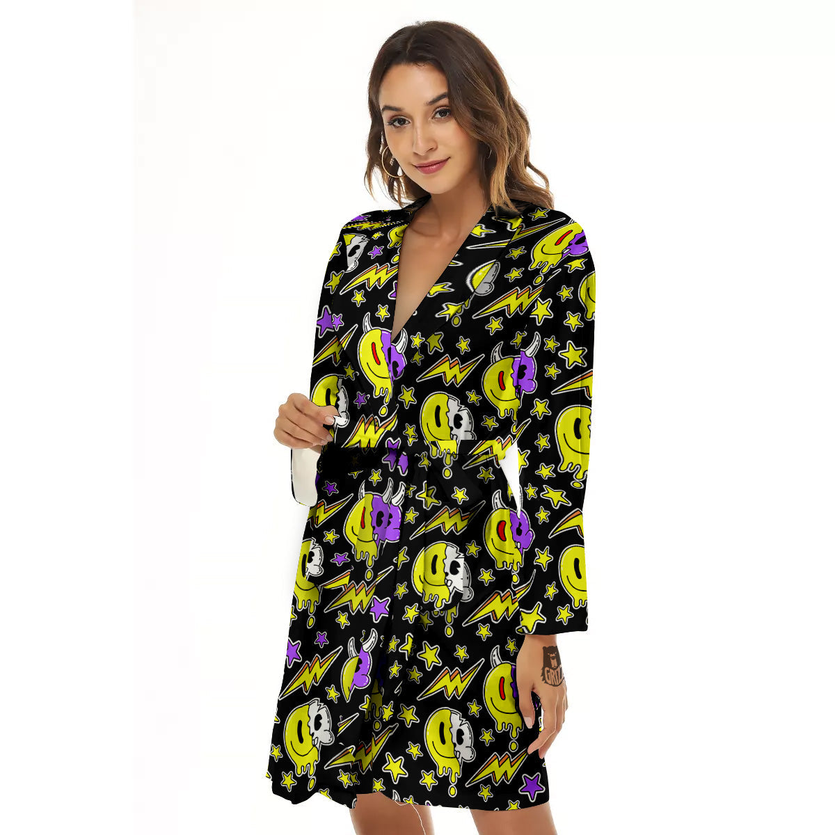 Psychedelic Trippy Acid Emoji Print Pattern Women's Robe-grizzshop