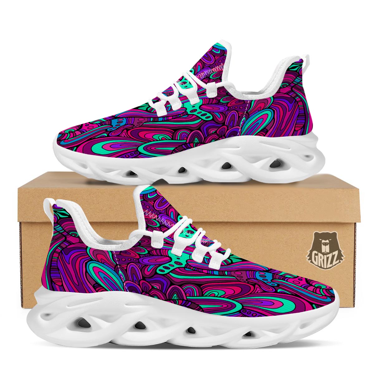 Psychedelic Trippy Doodle White Running Shoes-grizzshop