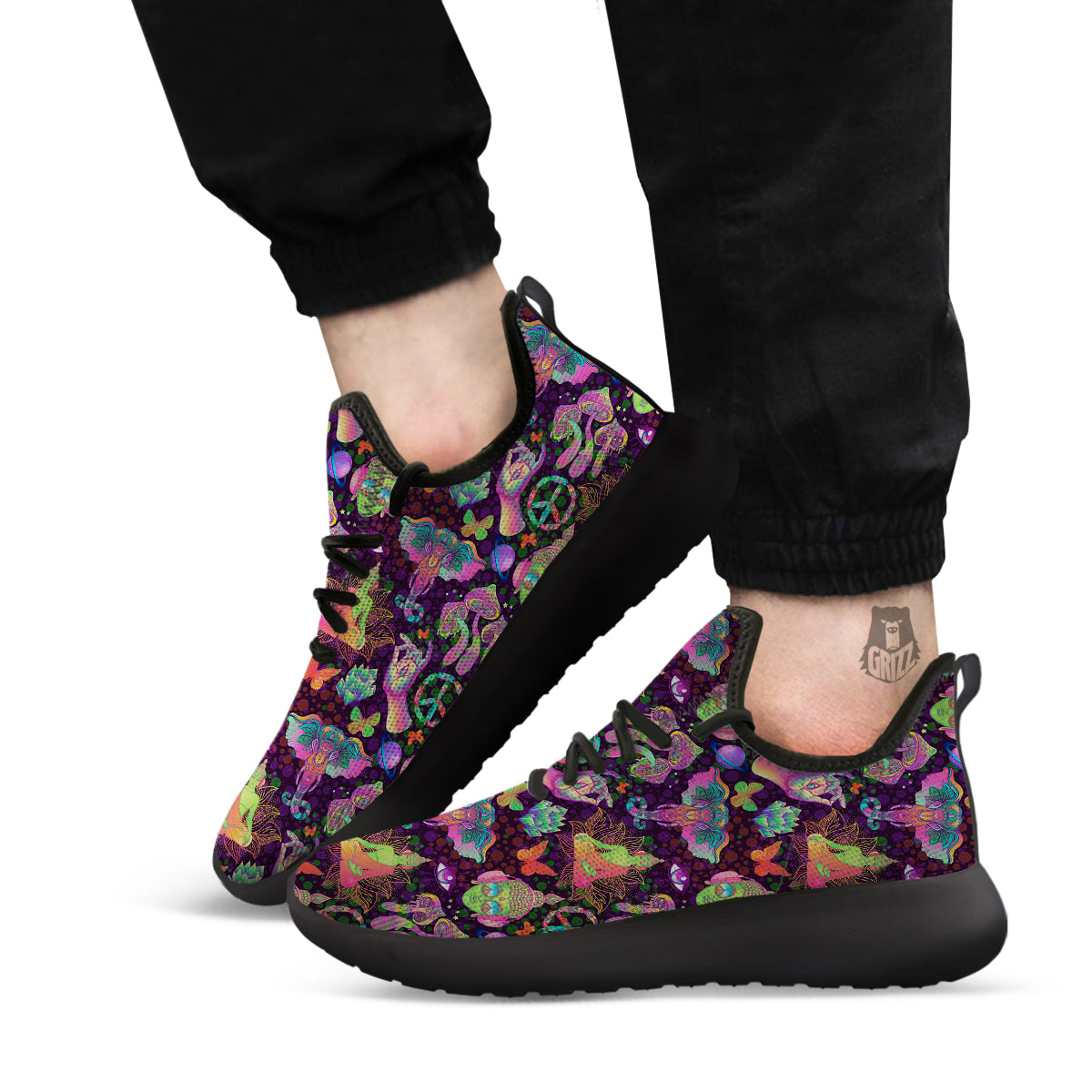 Psychedelic Trippy Drug Cartoon Print Pattern Black Athletic Shoes-grizzshop