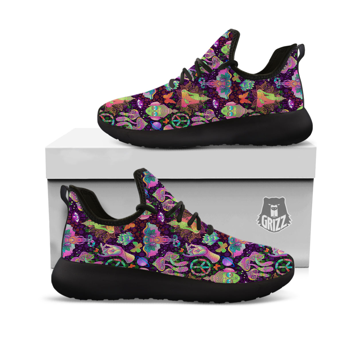 Psychedelic Trippy Drug Cartoon Print Pattern Black Athletic Shoes-grizzshop